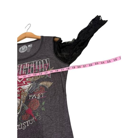 Affliction American Customs Rhinestone Embellished Lace Sleeve T Shirt Womens XL - Picture 5 of 6